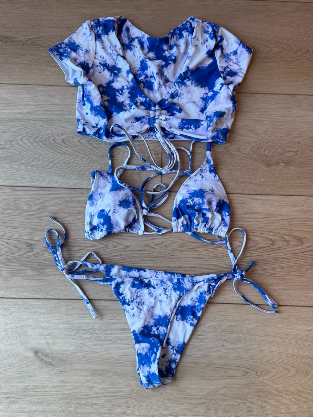 Zaful Blue Tie Dye Bikini Pool Beach Set 3 Piece, Size Medium